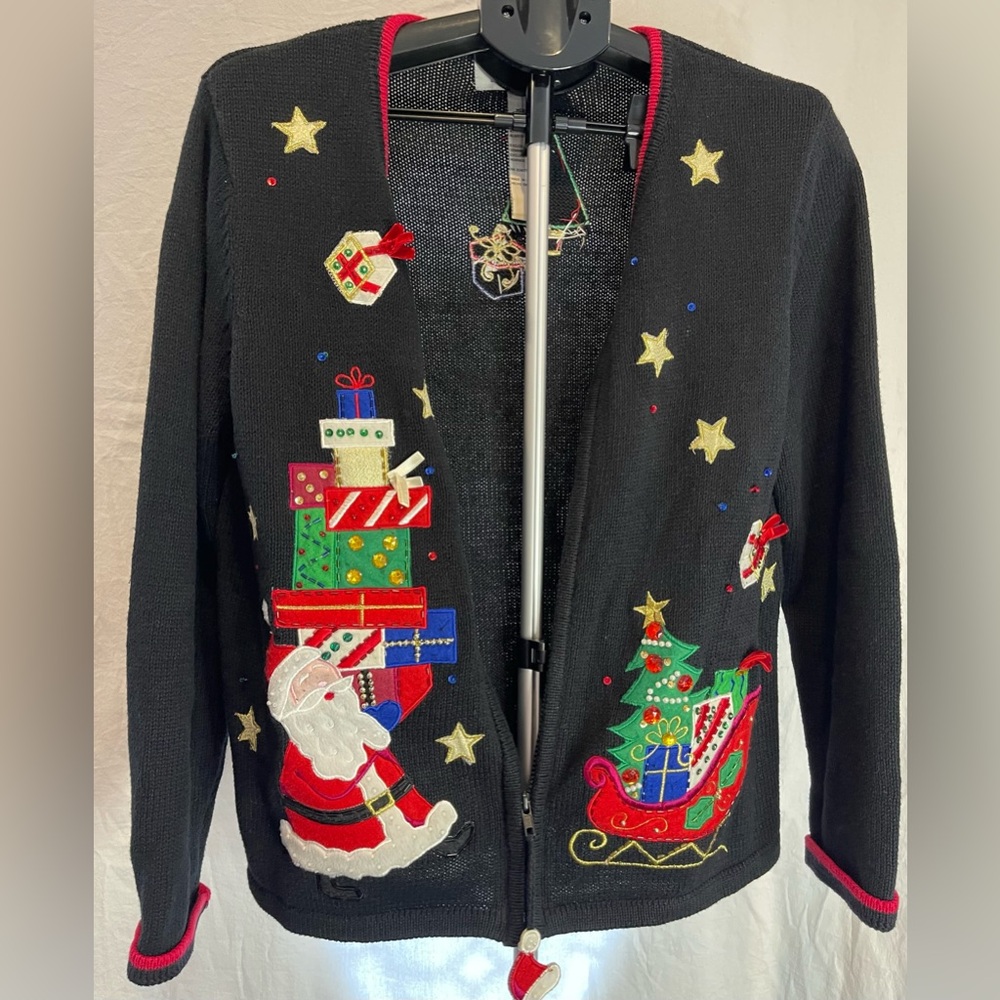 VTG Tiara Int'l M Black Ugly Christmas Sweater Zipper Cardigan Santa Embroidered - Picture 10 of 11